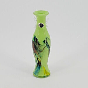 Snowflake Dalian Glass Co Glass Bud Vase Green Multicolor Swirls Clear Handles